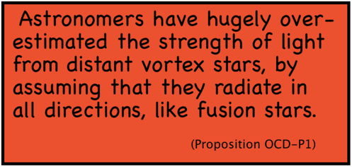 Proposition OCD-P1. Astronomers have hugely over-estimated the strength of light from distant vortex stars, by assuming that they radiate in all directions, like fusion stars.